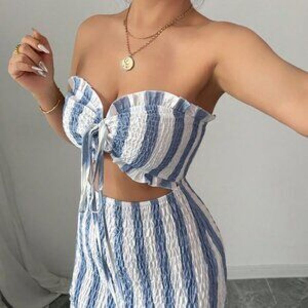 Blue And White Boho Women's Wrap Bust Striped Tie Waist Strapless Maxi Dress - Picture 3 of 5